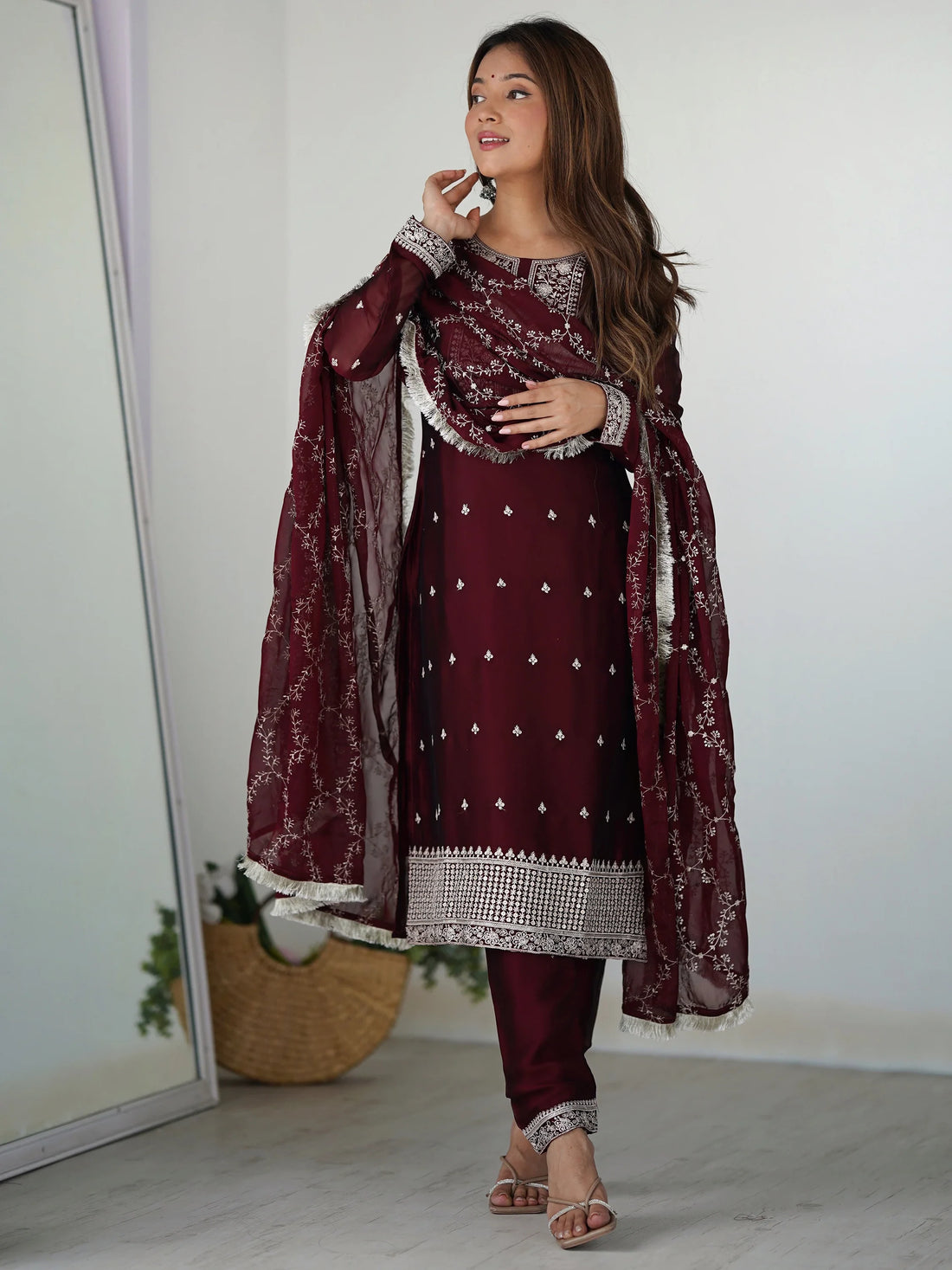 Amazing Maroon Thread Work Silk Festival Wear Pant Suit With Dupatta - Zeel Clothing