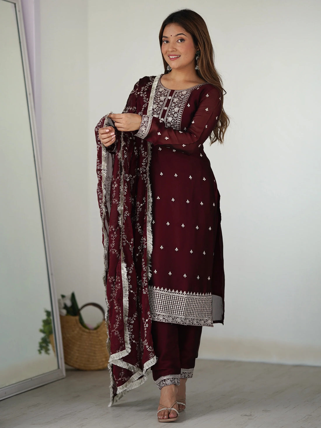 Amazing Maroon Thread Work Silk Festival Wear Pant Suit With Dupatta - Zeel Clothing