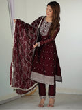 Amazing Maroon Thread Work Silk Festival Wear Pant Suit With Dupatta - Zeel Clothing