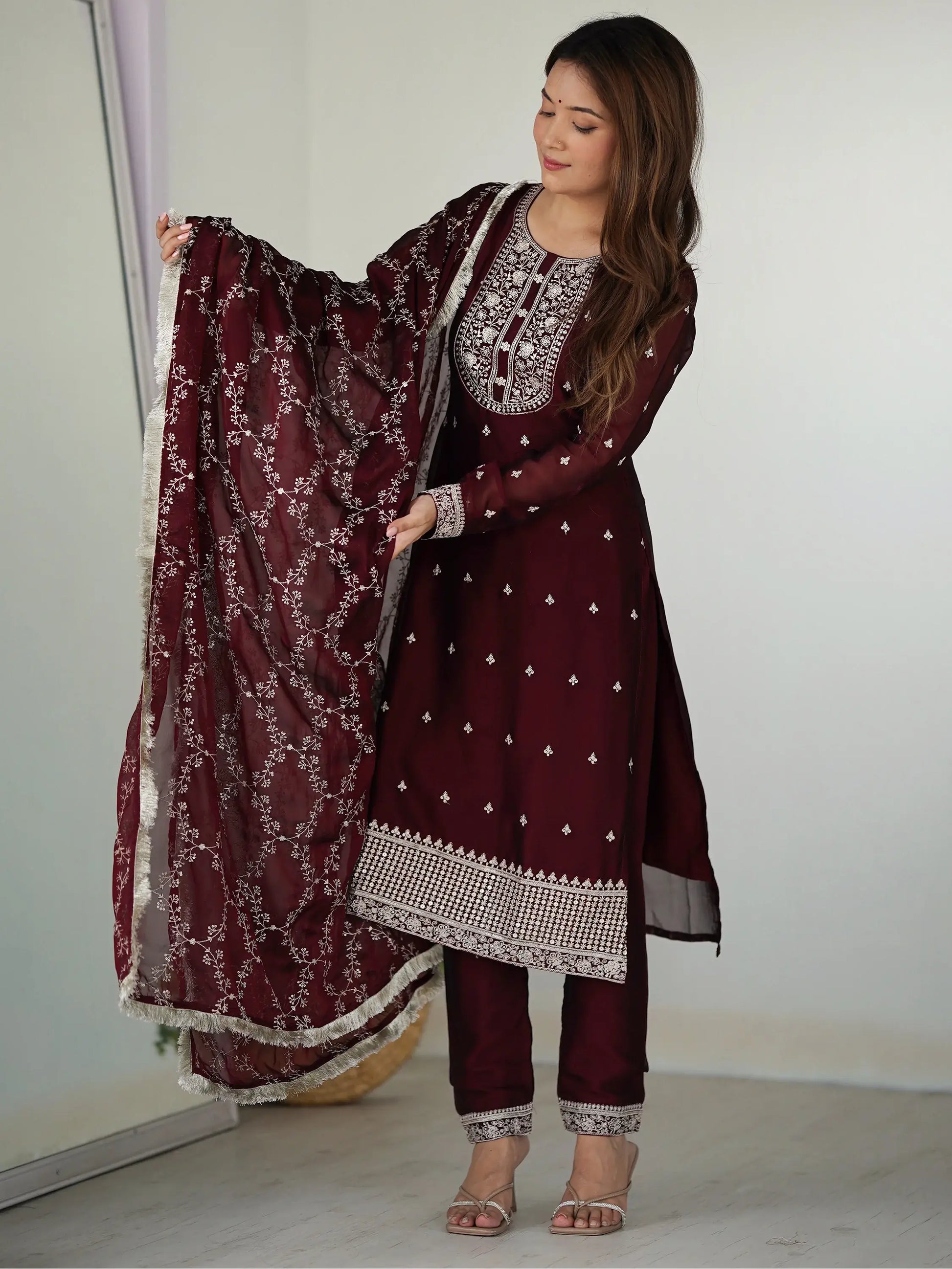 Amazing Maroon Thread Work Silk Festival Wear Pant Suit With Dupatta - Zeel Clothing