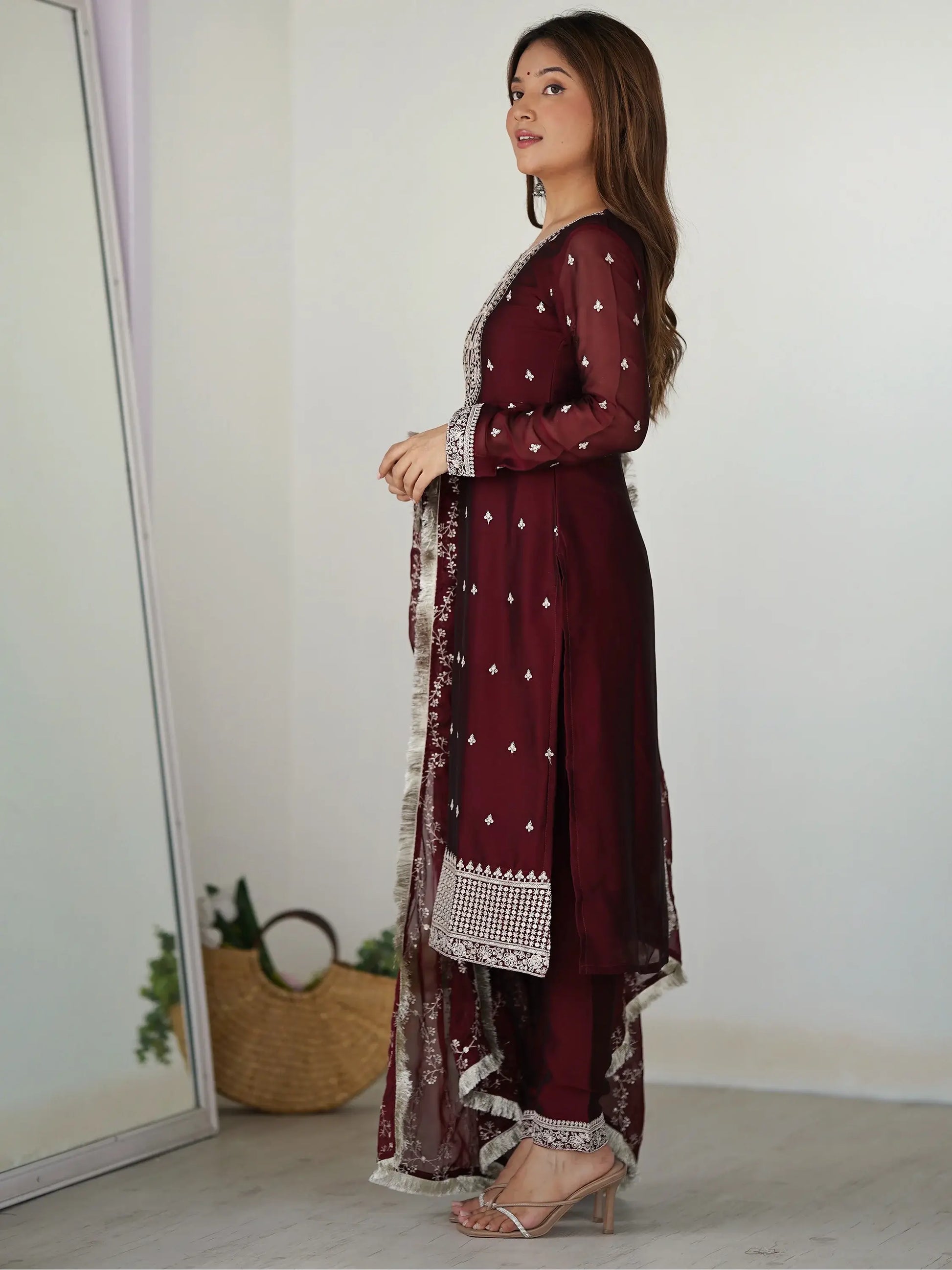 Amazing Maroon Thread Work Silk Festival Wear Pant Suit With Dupatta - Zeel Clothing