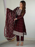 Amazing Maroon Thread Work Silk Festival Wear Pant Suit With Dupatta - Zeel Clothing