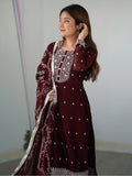 Amazing Maroon Thread Work Silk Festival Wear Pant Suit With Dupatta - Zeel Clothing