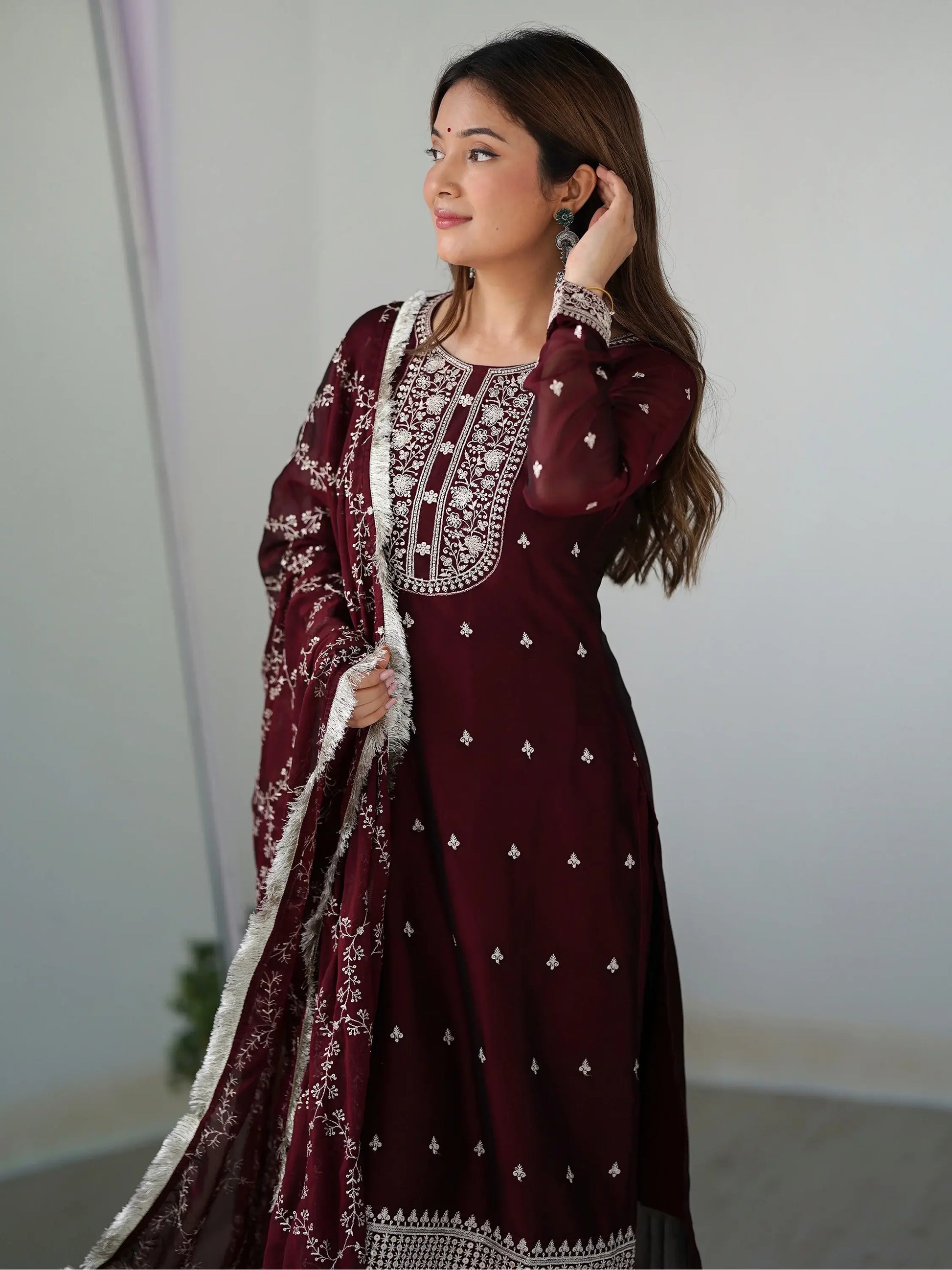 Amazing Maroon Thread Work Silk Festival Wear Pant Suit With Dupatta - Zeel Clothing