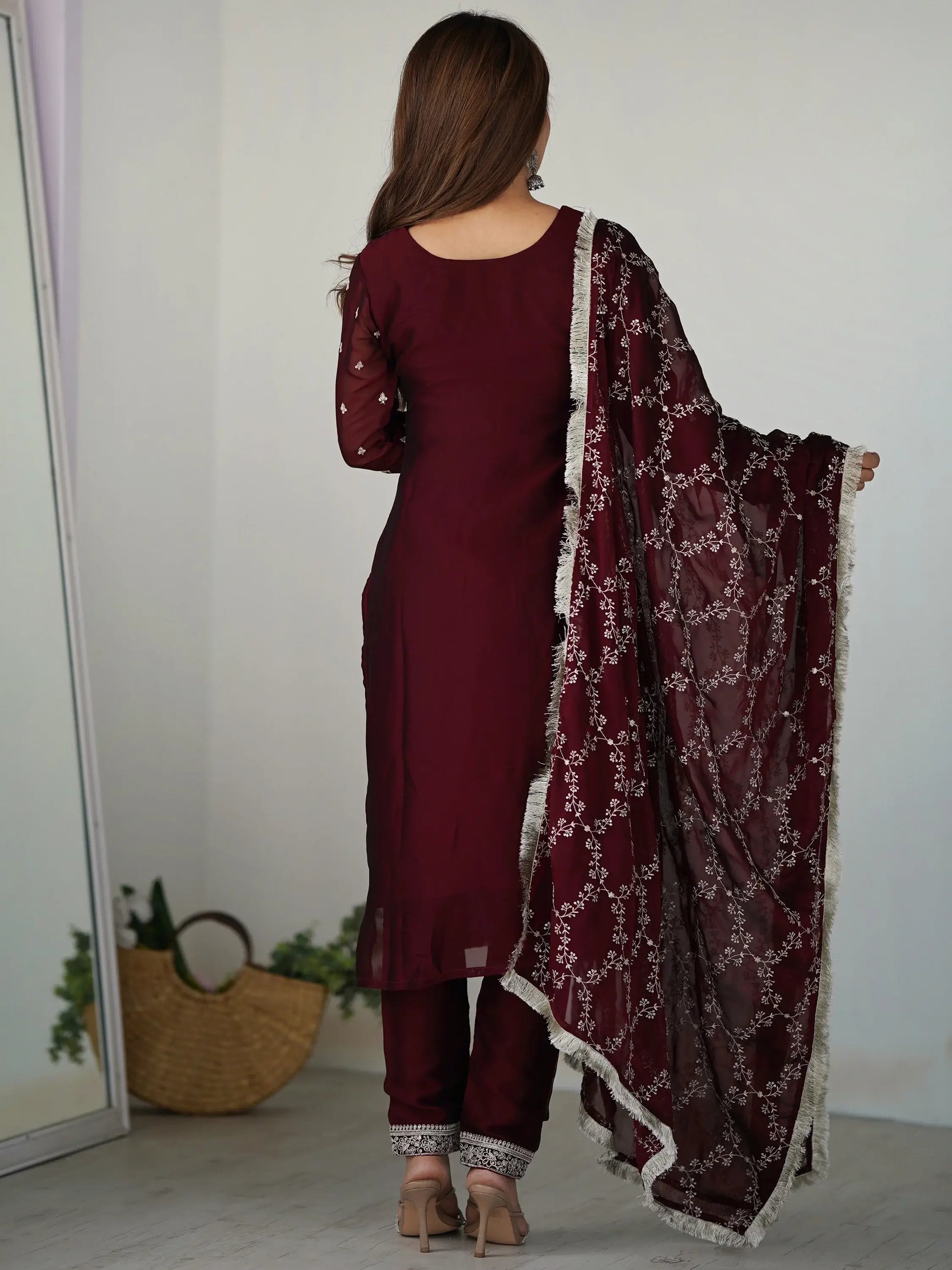 Amazing Maroon Thread Work Silk Festival Wear Pant Suit With Dupatta - Zeel Clothing