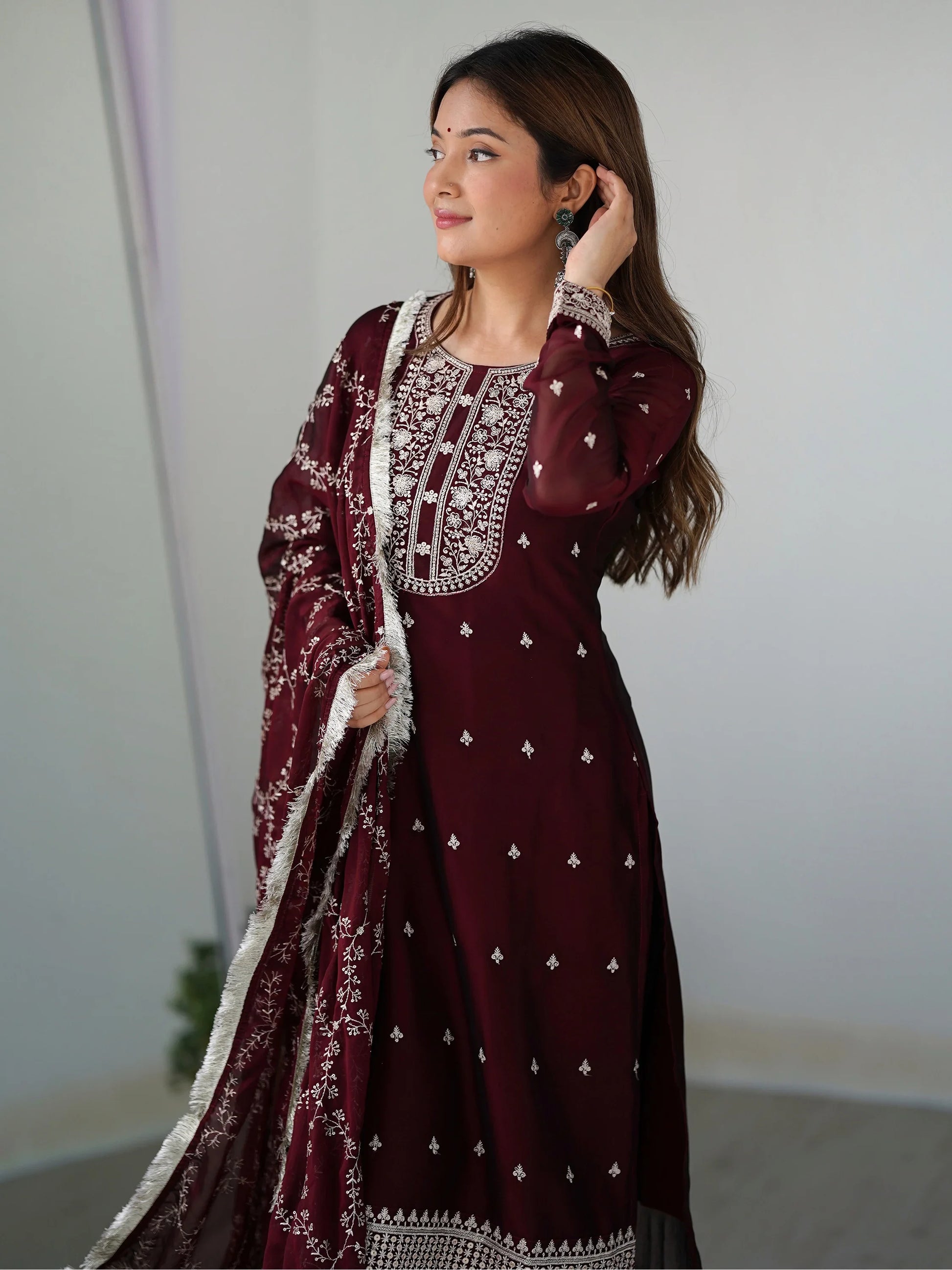 Amazing Maroon Thread Work Silk Festival Wear Pant Suit With Dupatta - Zeel Clothing