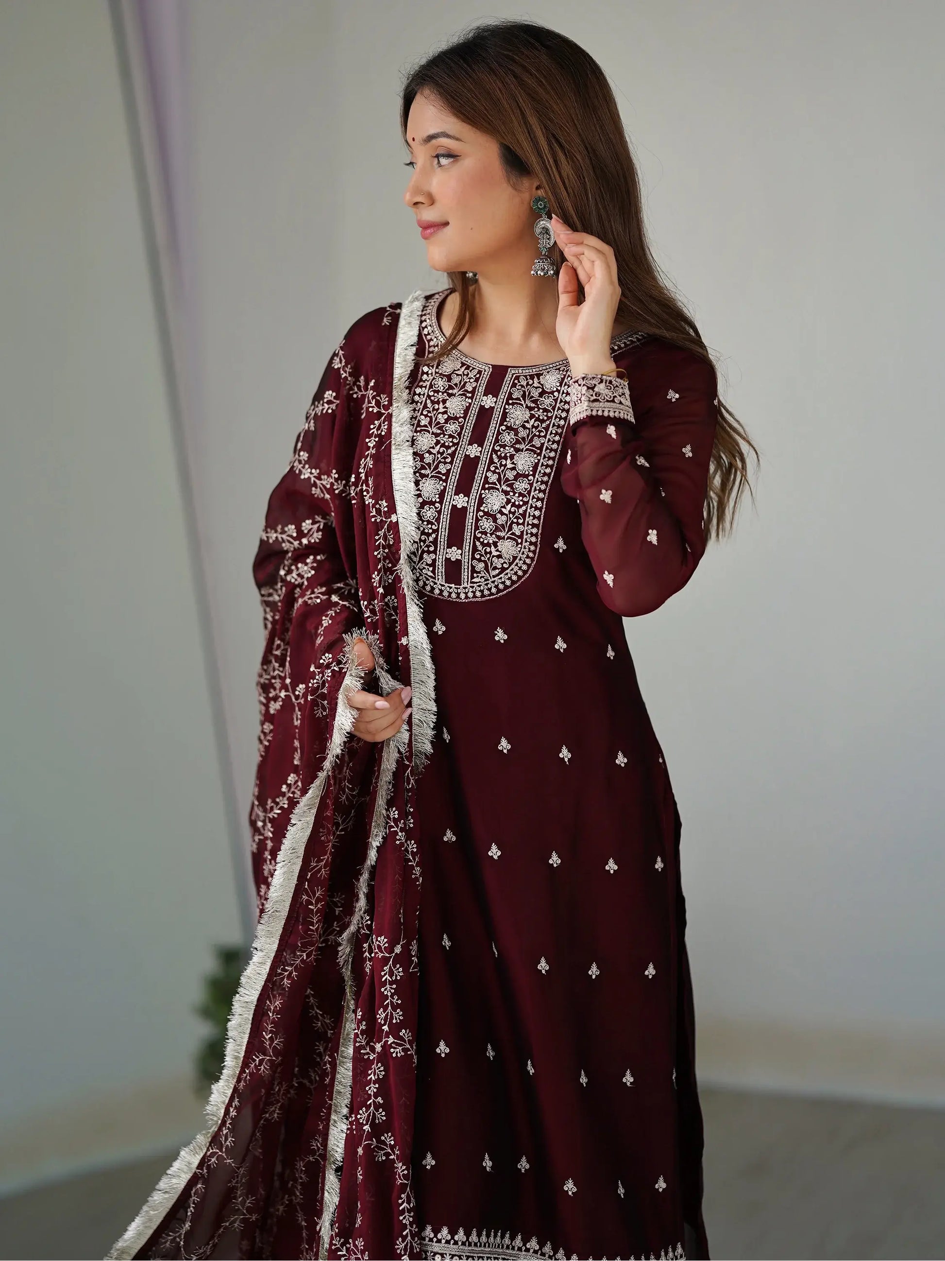 Amazing Maroon Thread Work Silk Festival Wear Pant Suit With Dupatta - Zeel Clothing