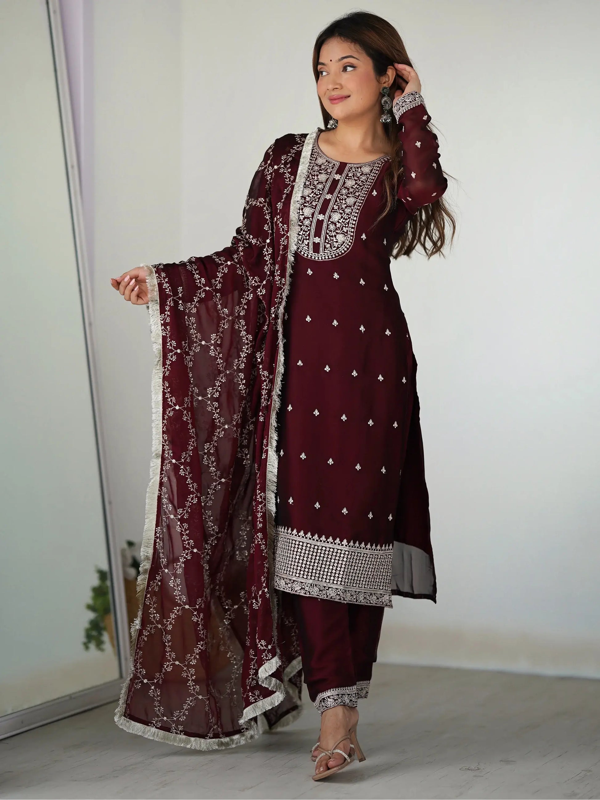 Amazing Maroon Thread Work Silk Festival Wear Pant Suit With Dupatta - Zeel Clothing