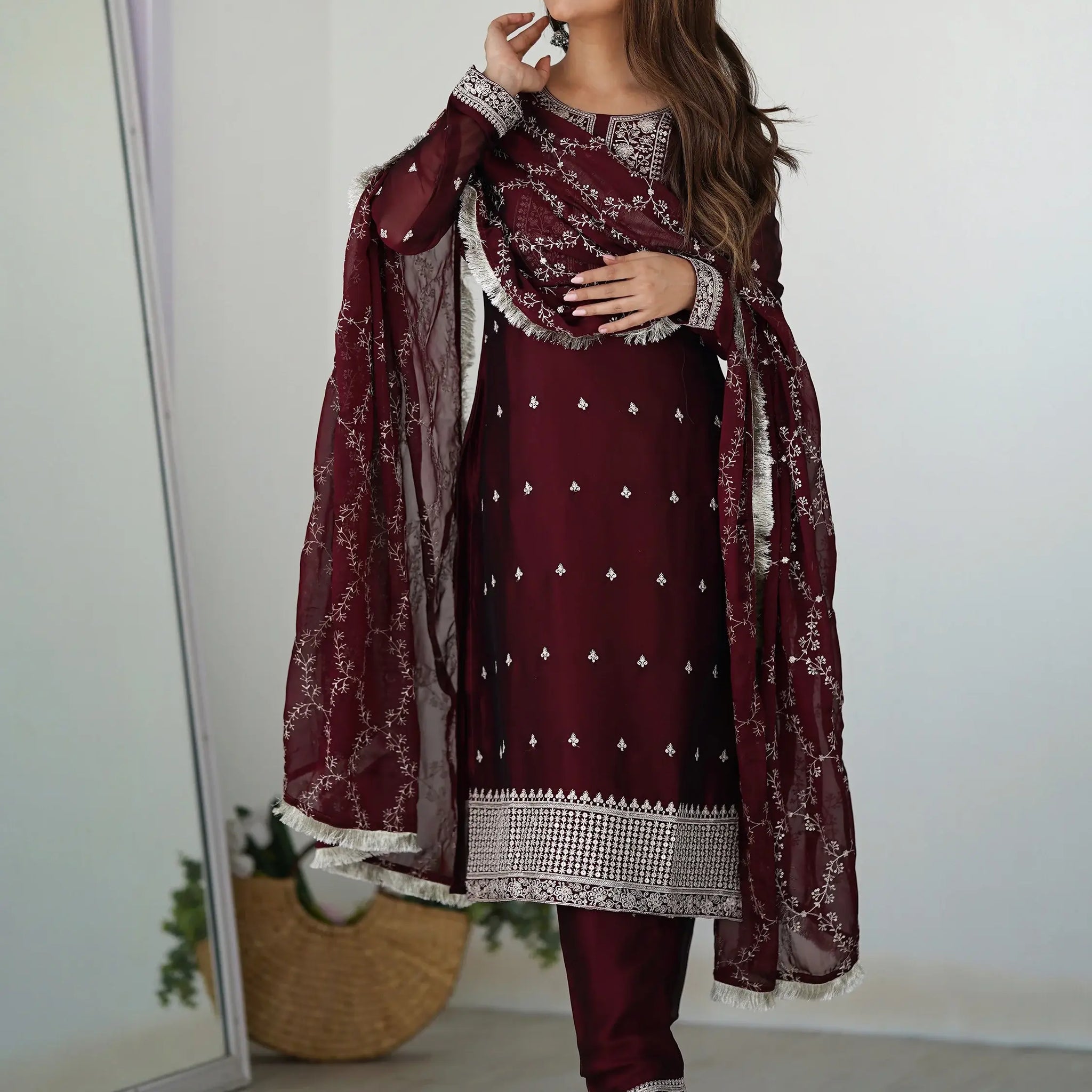 Amazing Maroon Thread Work Silk Festival Wear Pant Suit With Dupatta - Zeel Clothing