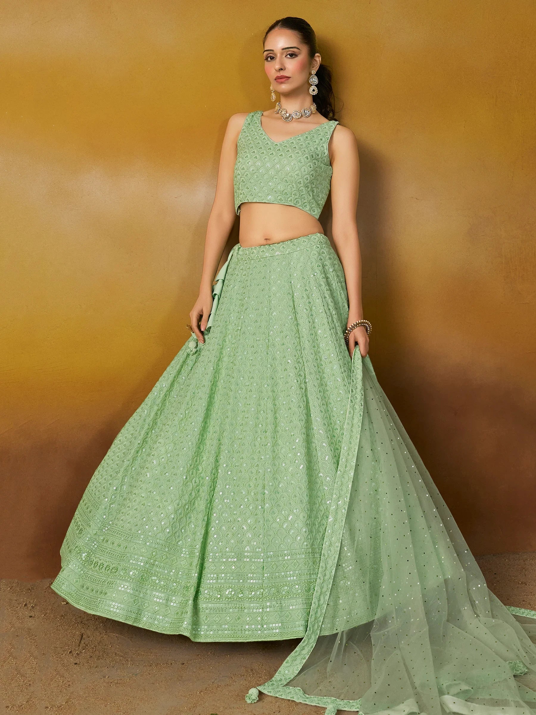Amazing Mint Green Thread Work Georgette Event Wear Lehenga Choli - Zeel Clothing