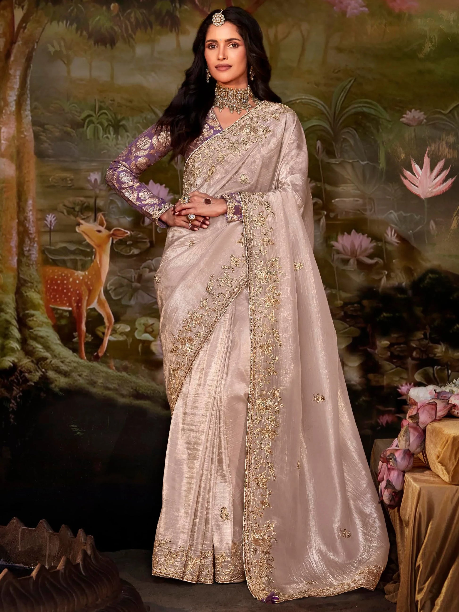 Amazing Misty Rose Embroidered Organza Traditional Saree With Blouse - Zeel Clothing