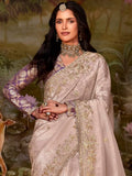 Amazing Misty Rose Embroidered Organza Traditional Saree With Blouse - Zeel Clothing
