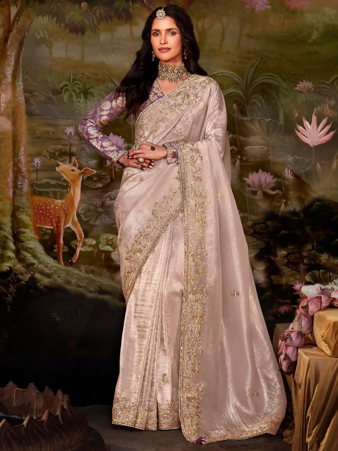 Amazing Misty Rose Embroidered Organza Traditional Saree With Blouse - Zeel Clothing