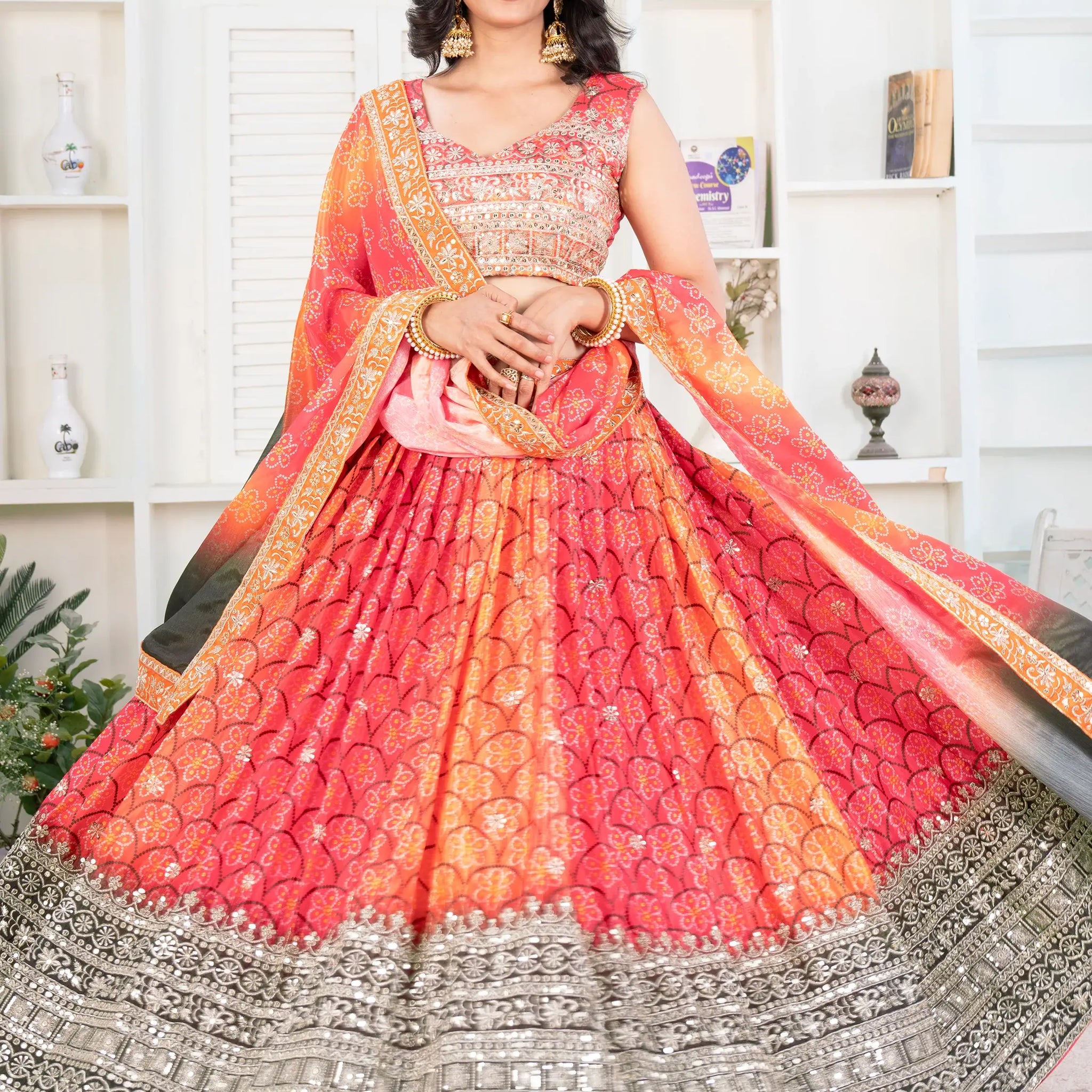 Amazing Multi-Color Bandhni Printed Chinon Wedding Lehenga Choli - Zeel Clothing