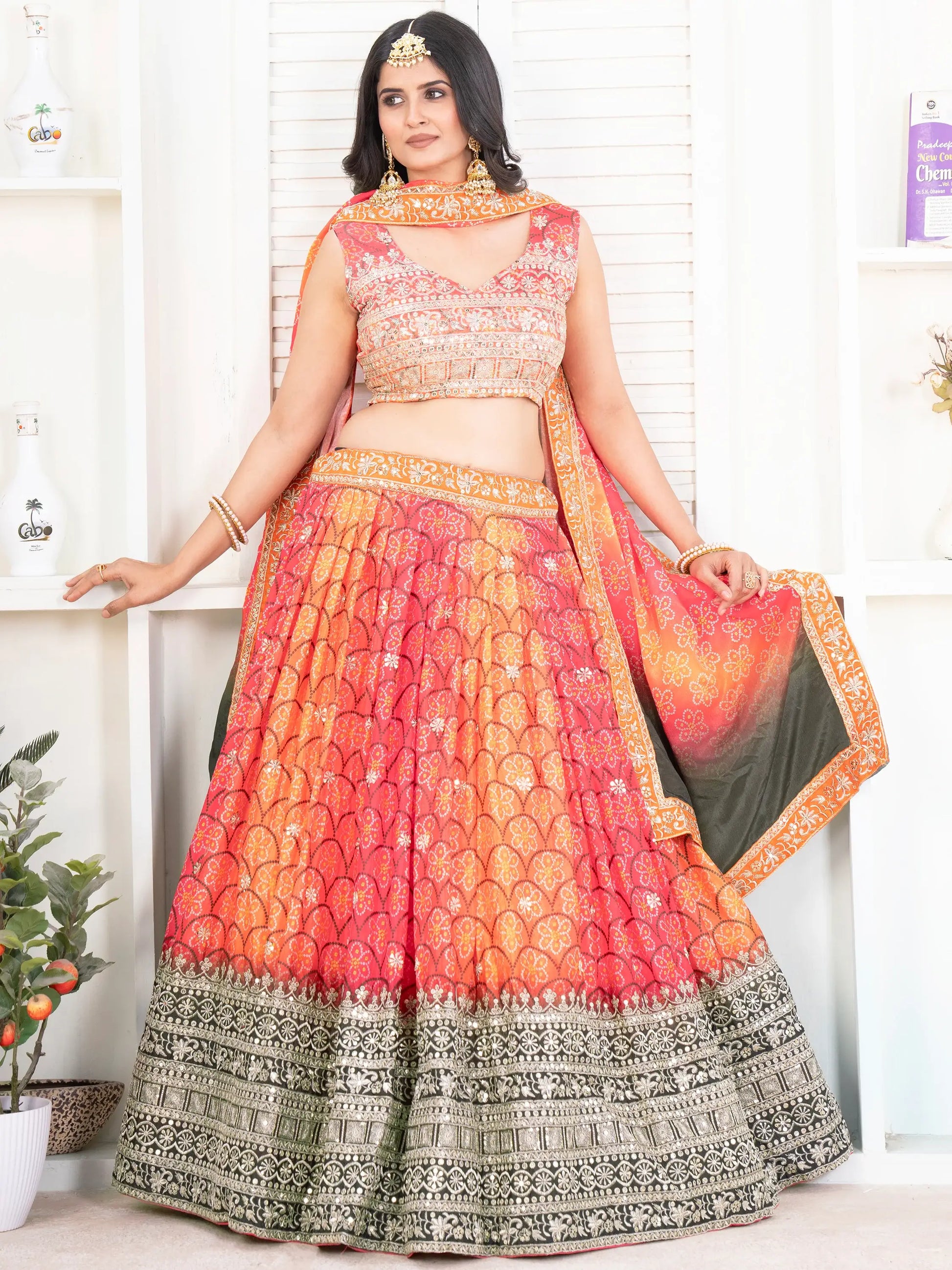 Amazing Multi-Color Bandhni Printed Chinon Wedding Lehenga Choli - Zeel Clothing