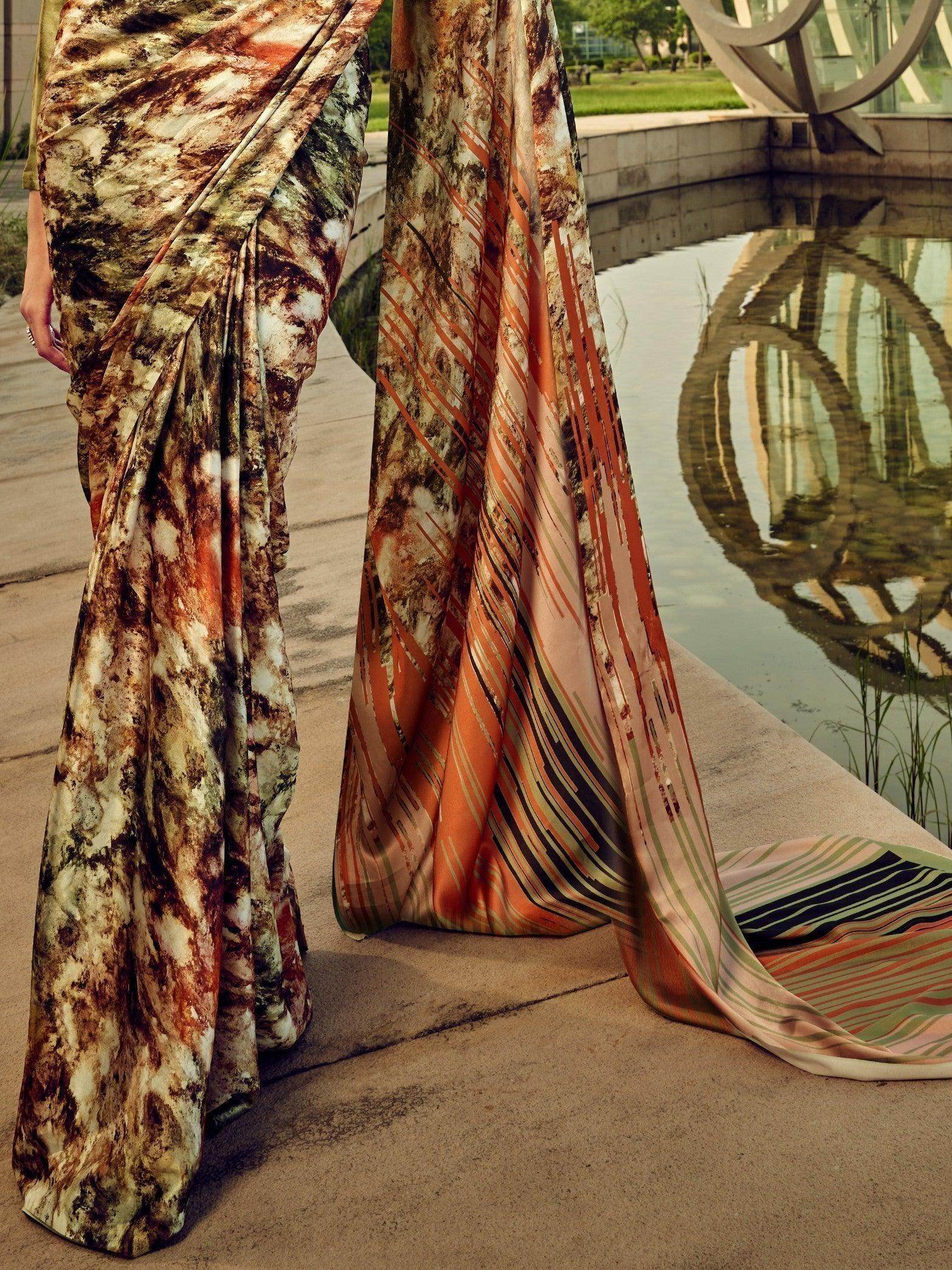 Amazing Multi-Color Digital Printed Satin Saree With Blouse - Zeel Clothing