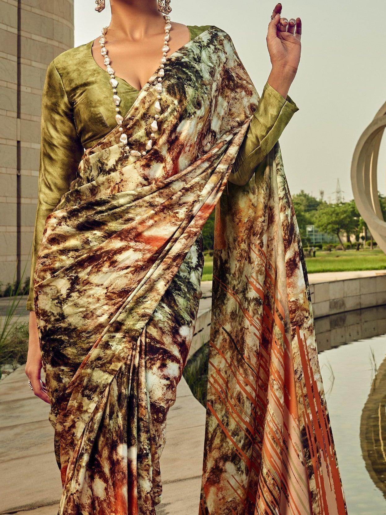 Amazing Multi-Color Digital Printed Satin Saree With Blouse - Zeel Clothing