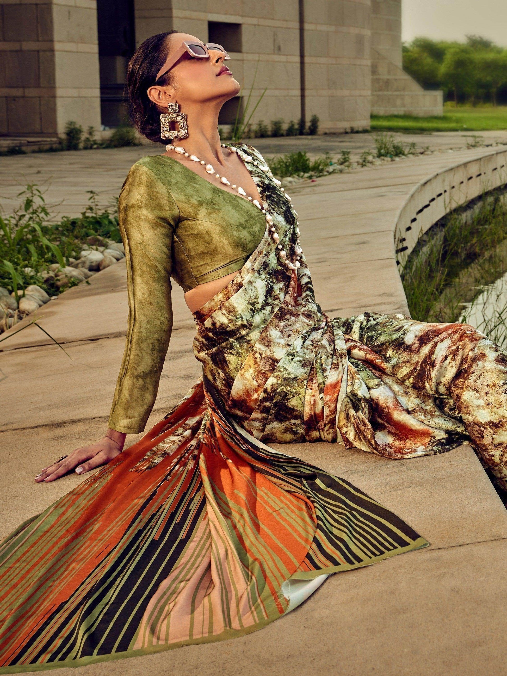 Amazing Multi-Color Digital Printed Satin Saree With Blouse - Zeel Clothing