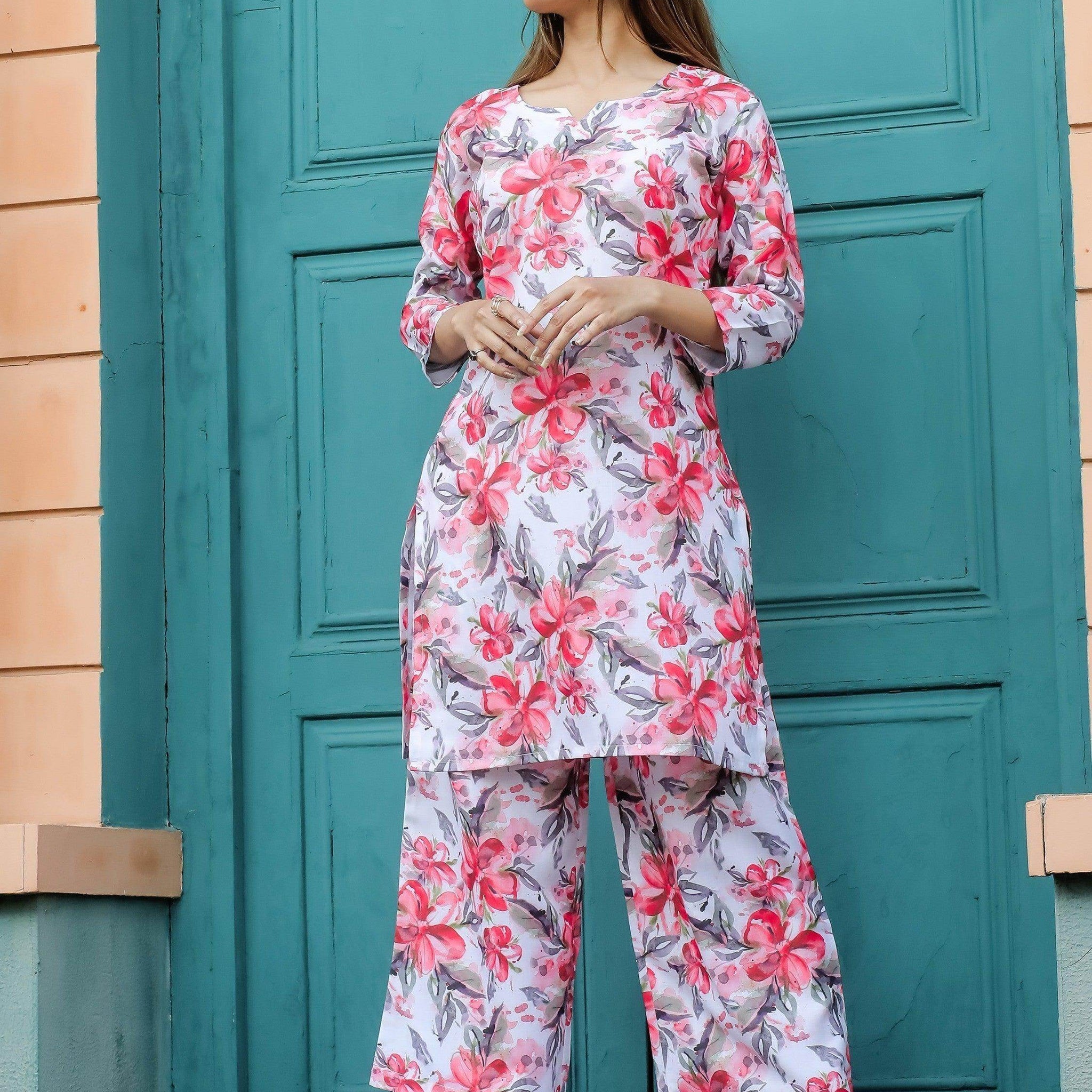 Amazing Multi-Color Floral Printed Cotton Top Palazzo Co-Ord Set - Zeel Clothing