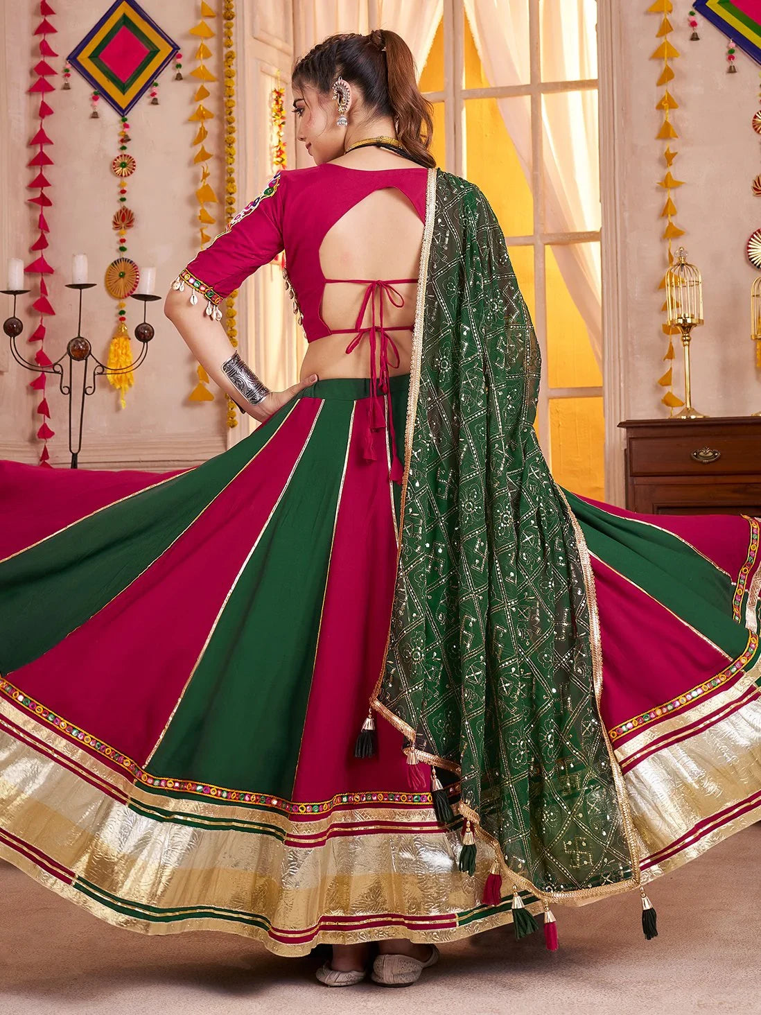 Amazing Multi-Color Lace Border Cotton Navratri Special Lehenga With Blouse