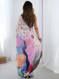 Amazing Multi-Color Printed Chinon Casual Wear Saree With Blouse - Zeel Clothing