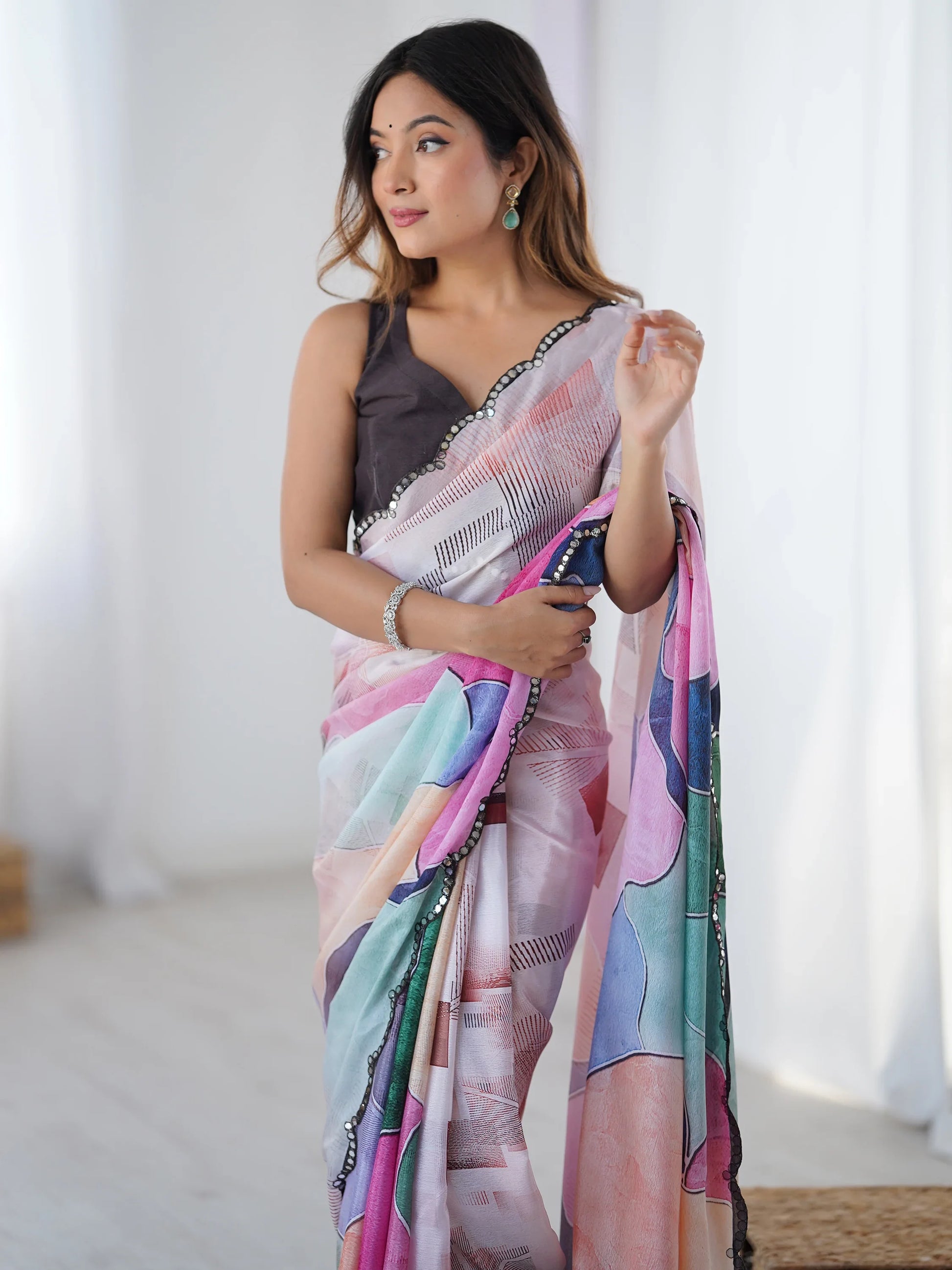 Amazing Multi-Color Printed Chinon Casual Wear Saree With Blouse - Zeel Clothing