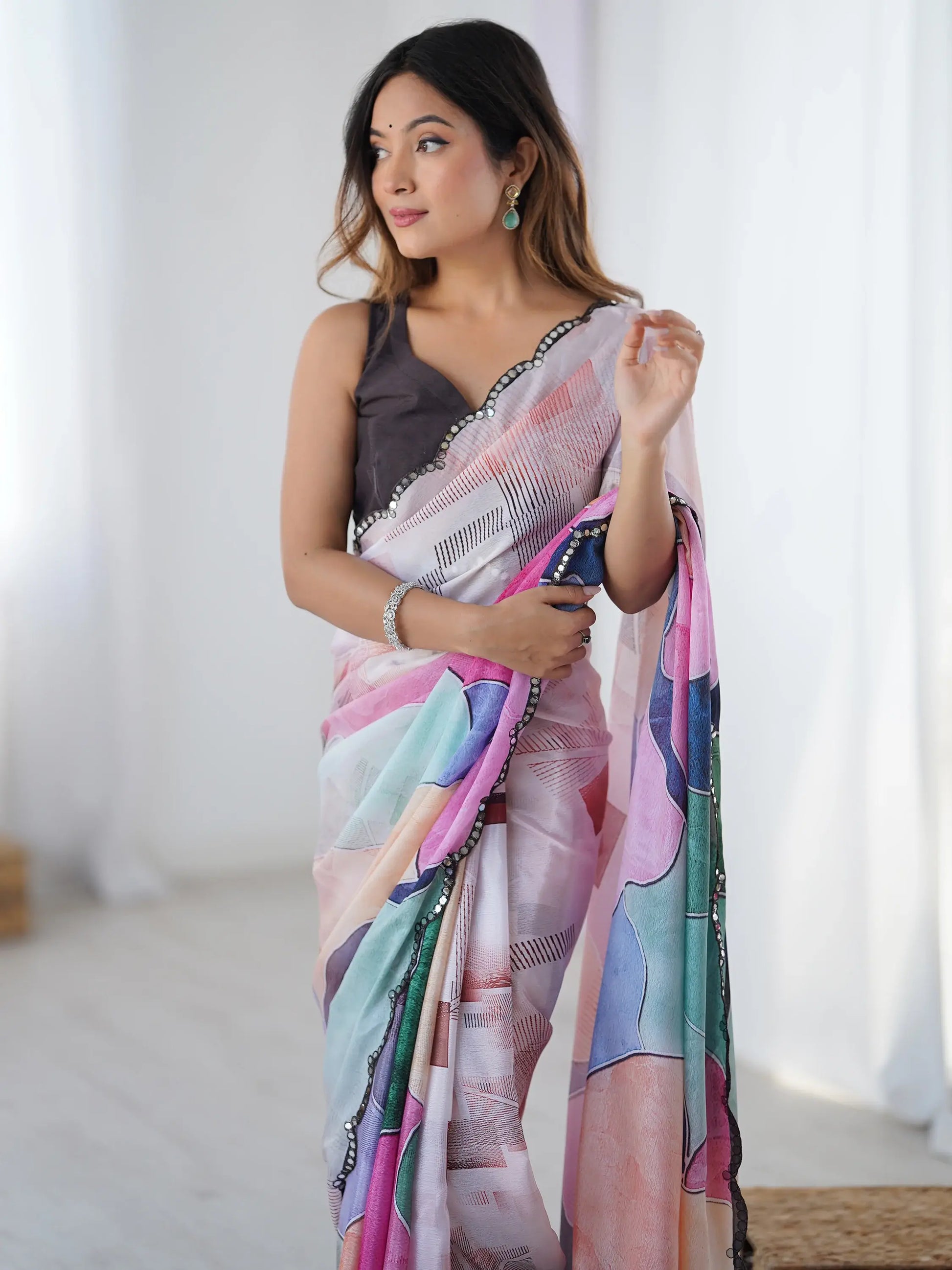 Amazing Multi-Color Printed Chinon Casual Wear Saree With Blouse - Zeel Clothing