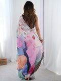 Amazing Multi-Color Printed Chinon Casual Wear Saree With Blouse - Zeel Clothing