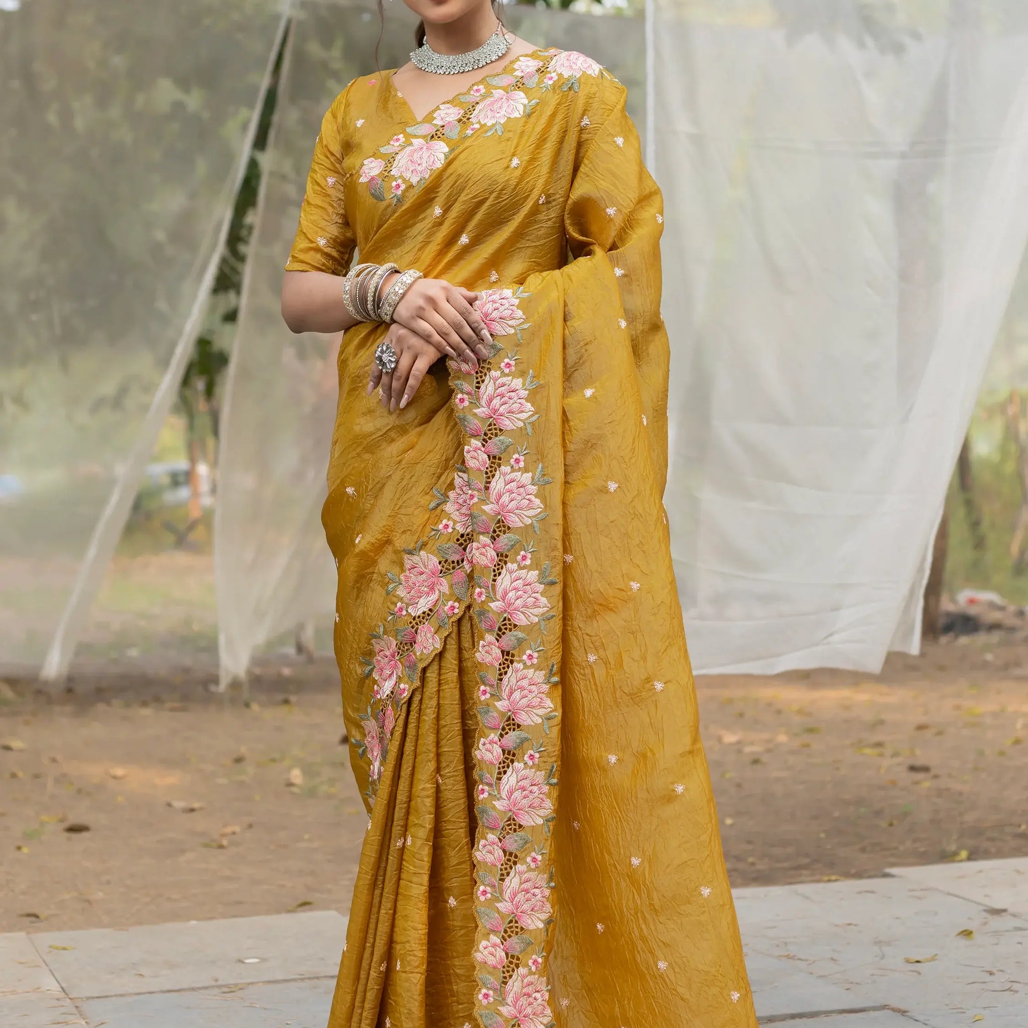 Amazing Mustard Yellow Embroidered Silk Party Wear Saree - Zeel Clothing