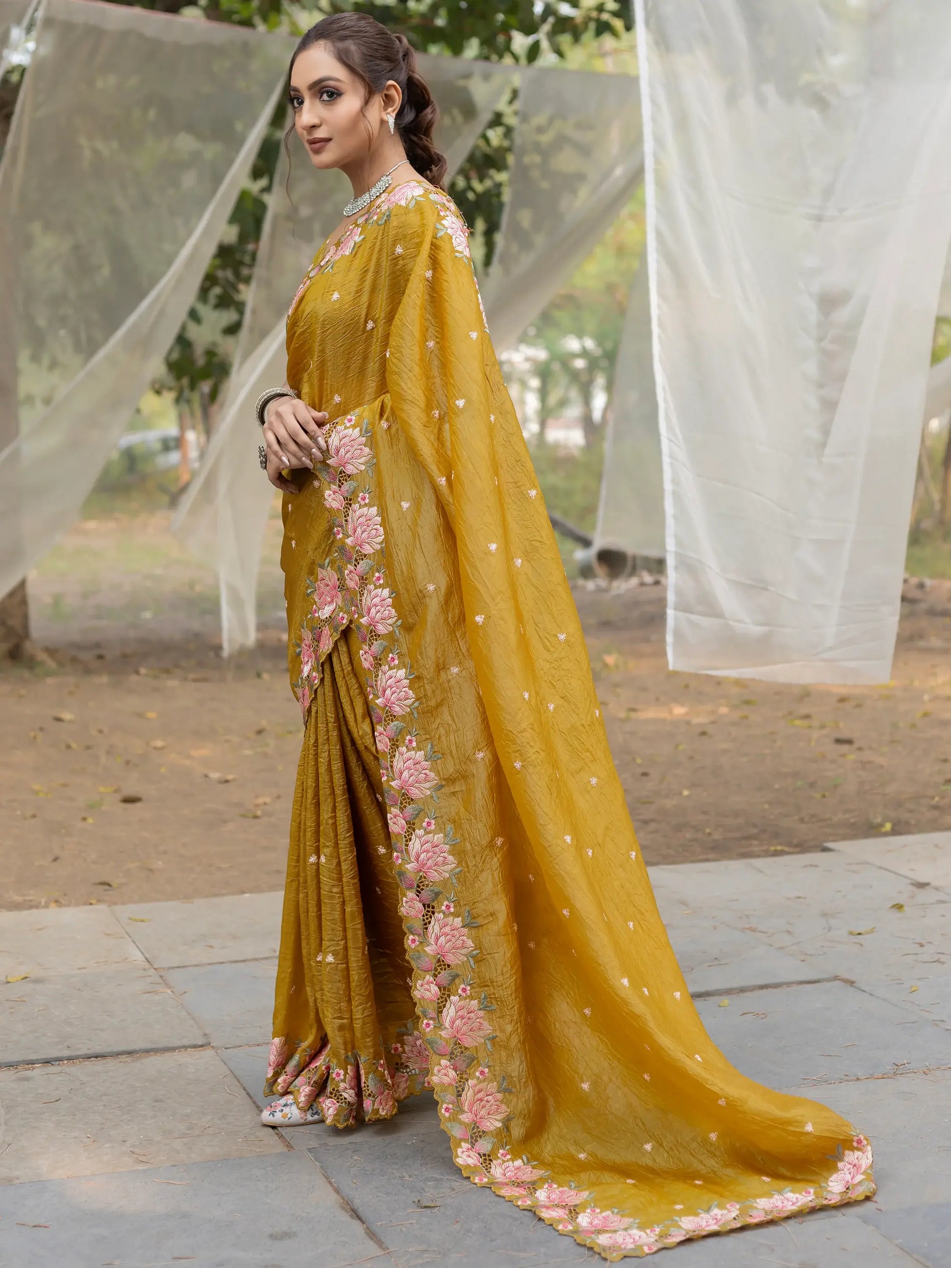 Amazing Mustard Yellow Embroidered Silk Party Wear Saree - Zeel Clothing
