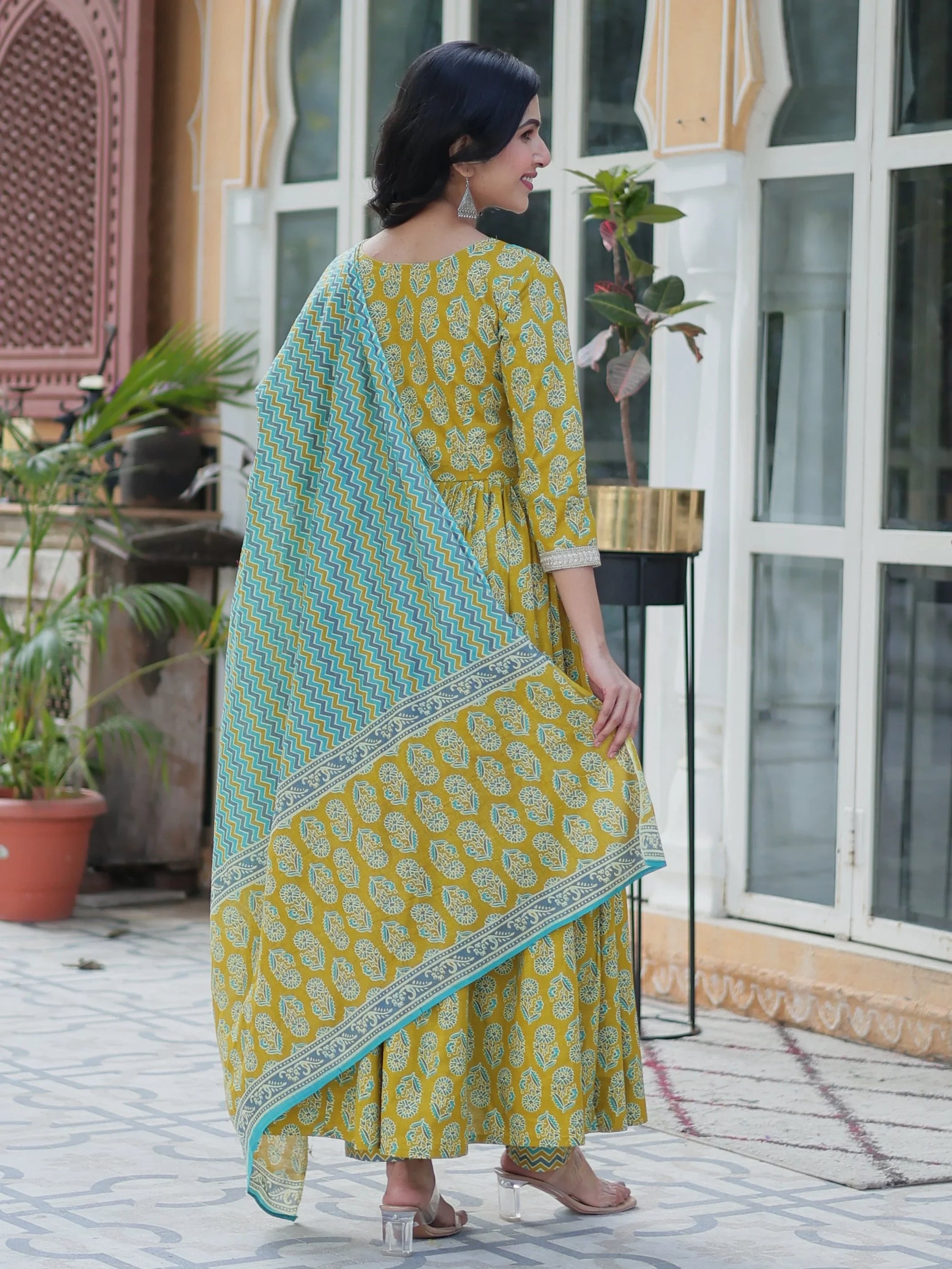 Amazing Mustard Yellow Floral Printed Cotton Side Cut Anarkali Suit - Zeel Clothing