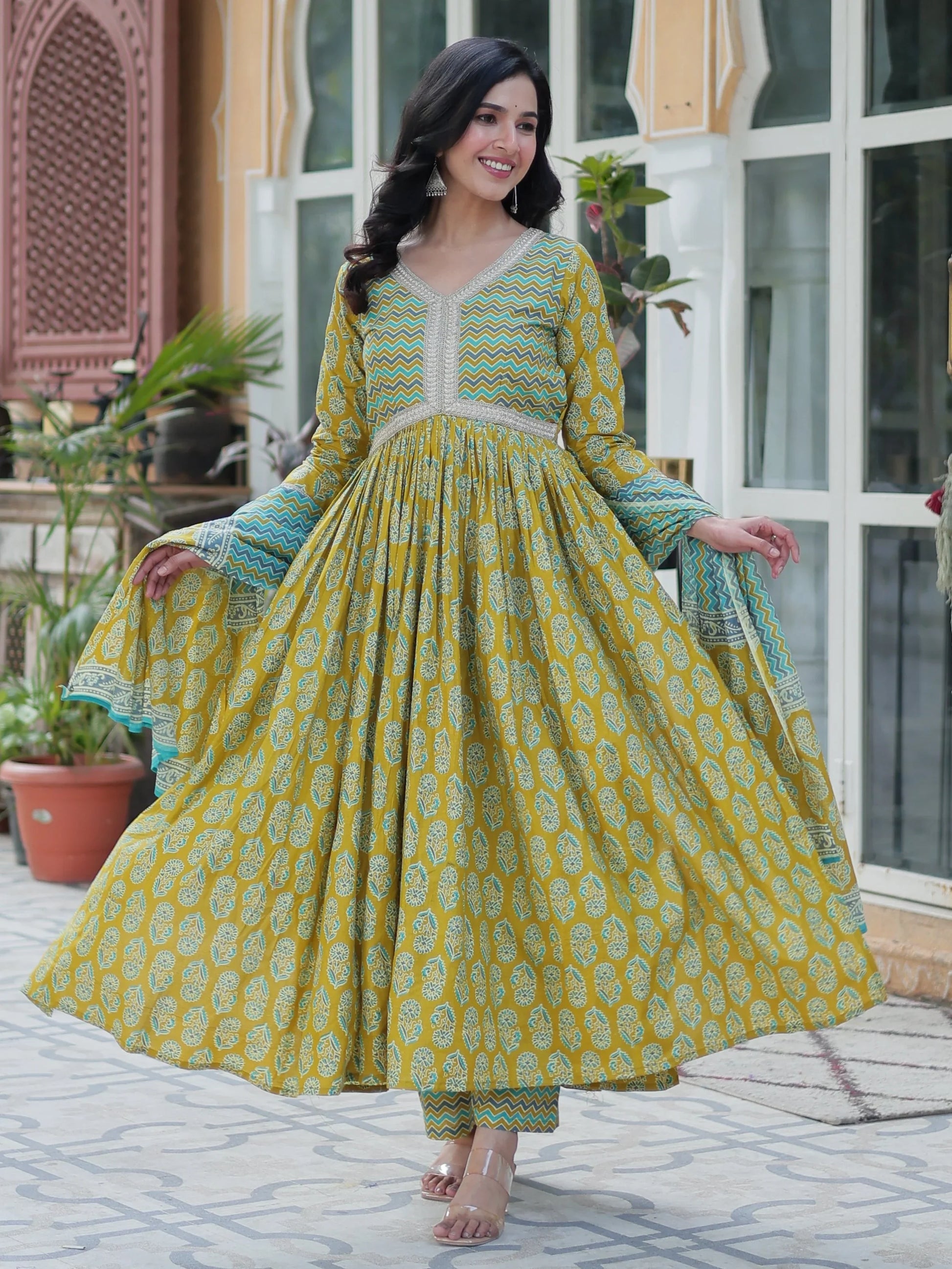 Amazing Mustard Yellow Floral Printed Cotton Side Cut Anarkali Suit - Zeel Clothing