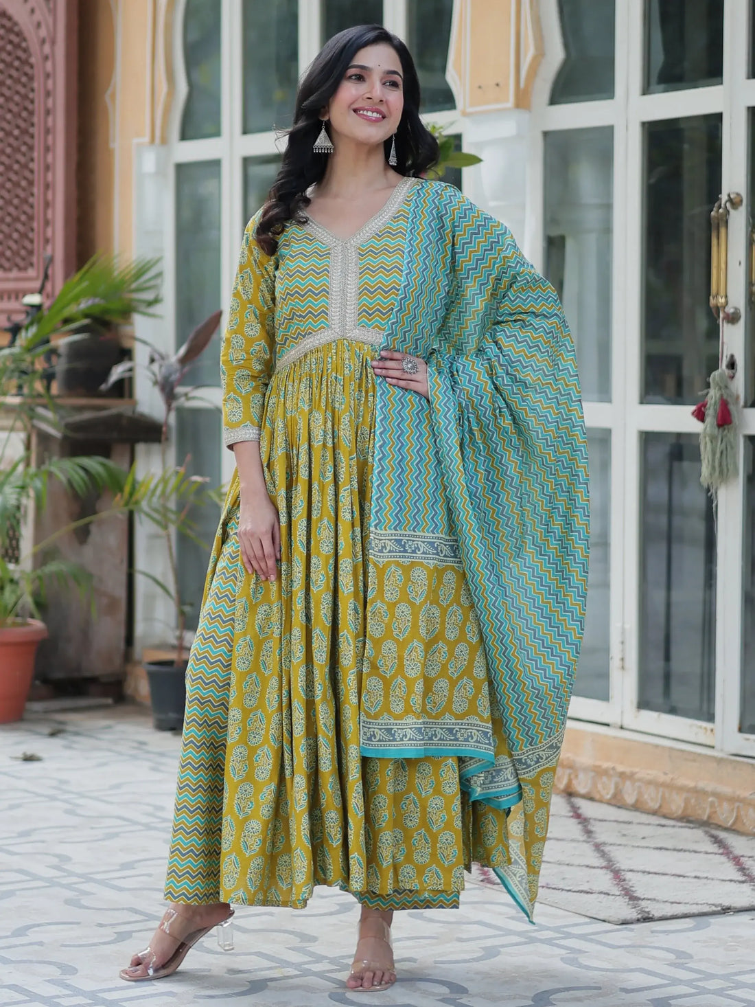 Amazing Mustard Yellow Floral Printed Cotton Side Cut Anarkali Suit - Zeel Clothing