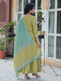 Amazing Mustard Yellow Floral Printed Cotton Side Cut Anarkali Suit - Zeel Clothing