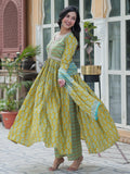 Amazing Mustard Yellow Floral Printed Cotton Side Cut Anarkali Suit - Zeel Clothing