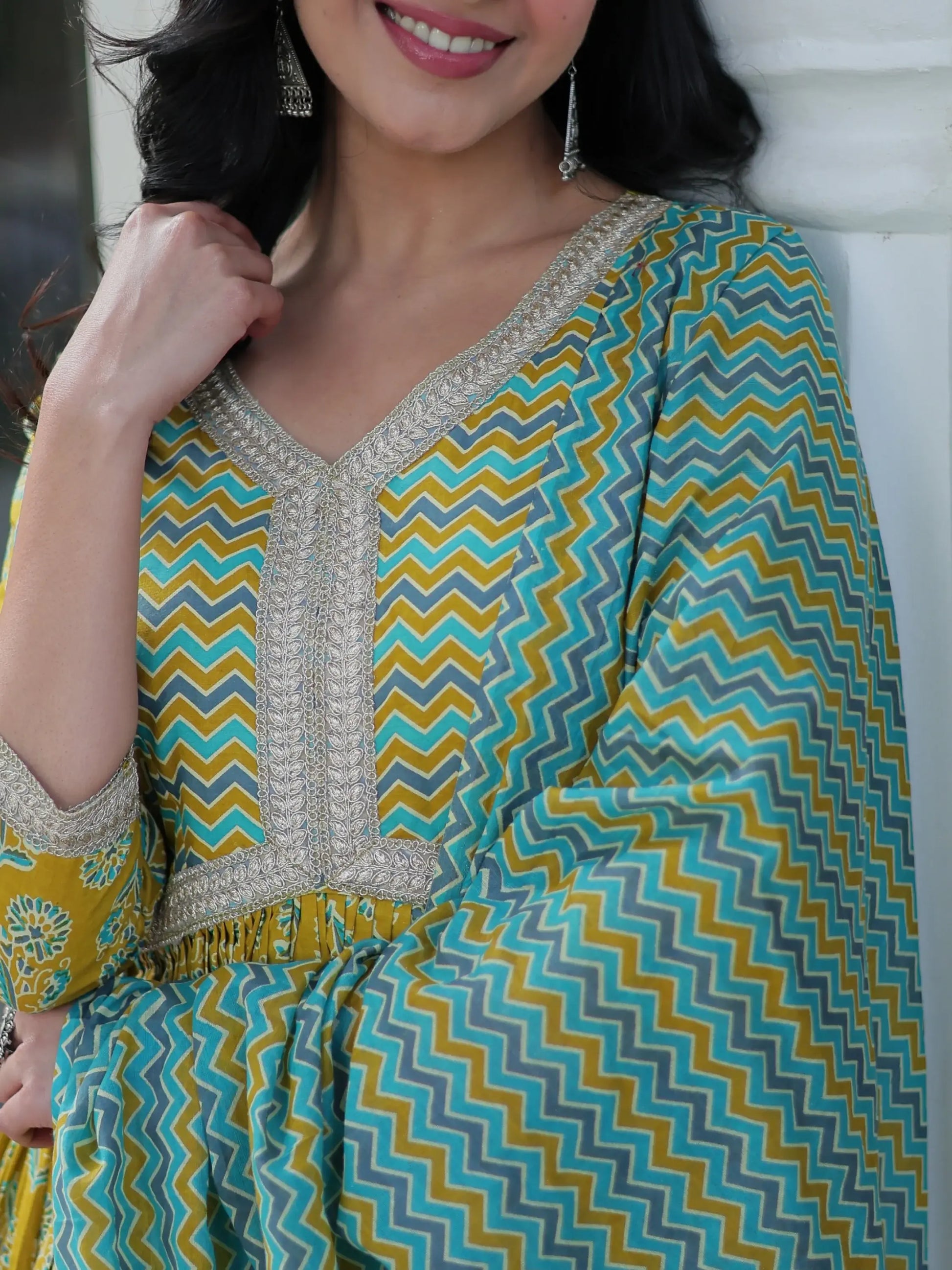 Amazing Mustard Yellow Floral Printed Cotton Side Cut Anarkali Suit - Zeel Clothing