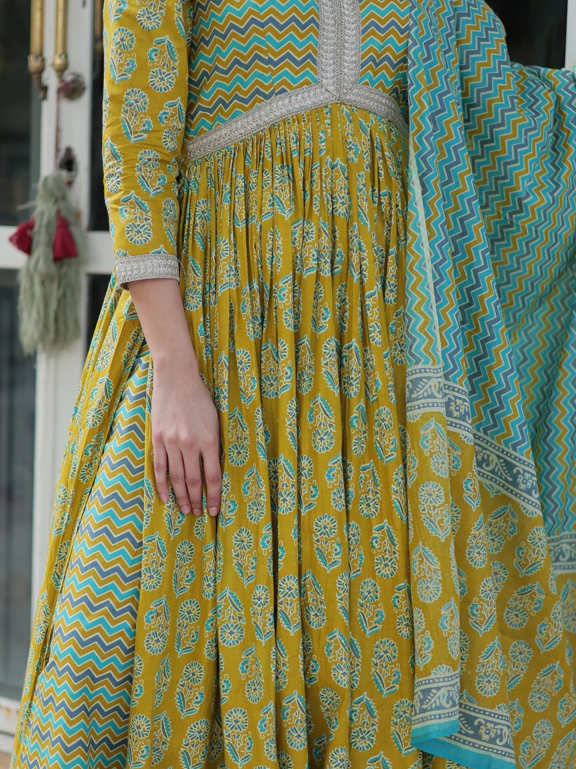 Amazing Mustard Yellow Floral Printed Cotton Side Cut Anarkali Suit - Zeel Clothing