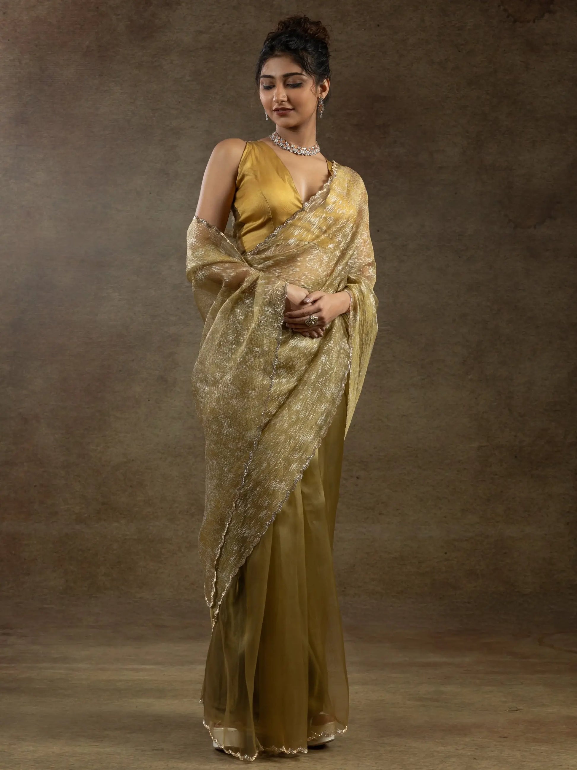 Amazing Mustard Yellow Zari Weaving Organza Festive Wear Pre-Stitched Saree - Zeel Clothing