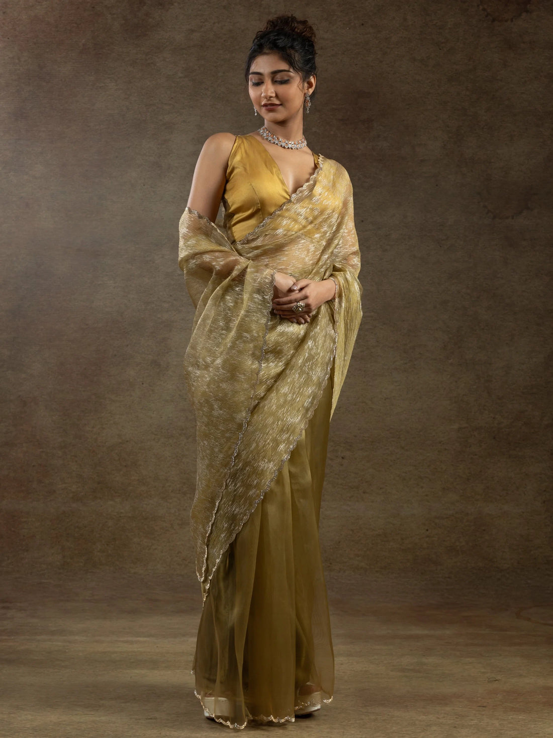 Amazing Mustard Yellow Zari Weaving Organza Festive Wear Pre-Stitched Saree - Zeel Clothing