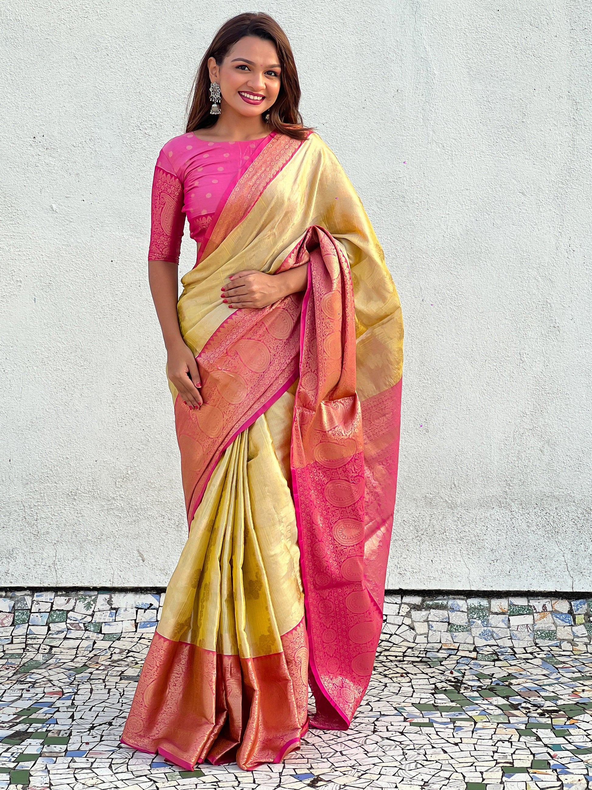 Amazing Mustard Yellow Zari Weaving Tissue Silk Haldi Wear Saree - Zeel Clothing