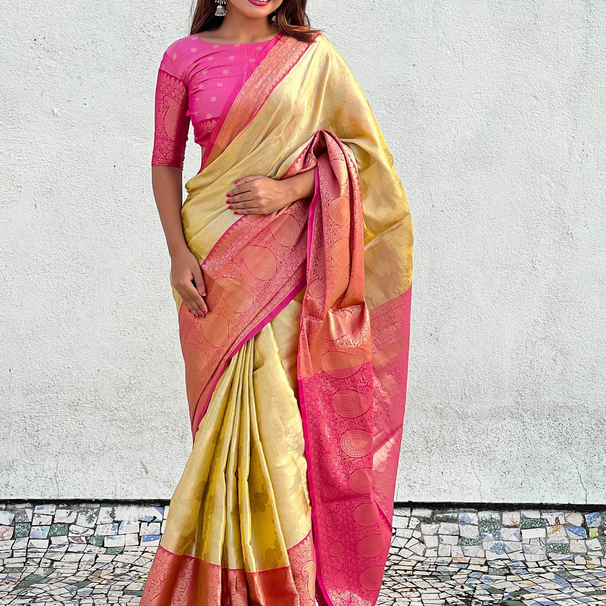 Amazing Mustard Yellow Zari Weaving Tissue Silk Haldi Wear Saree - Zeel Clothing