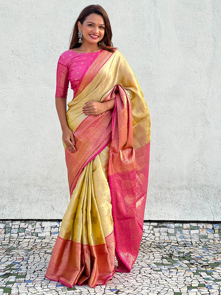 Amazing Mustard Yellow Zari Weaving Tissue Silk Haldi Wear Saree - Zeel Clothing