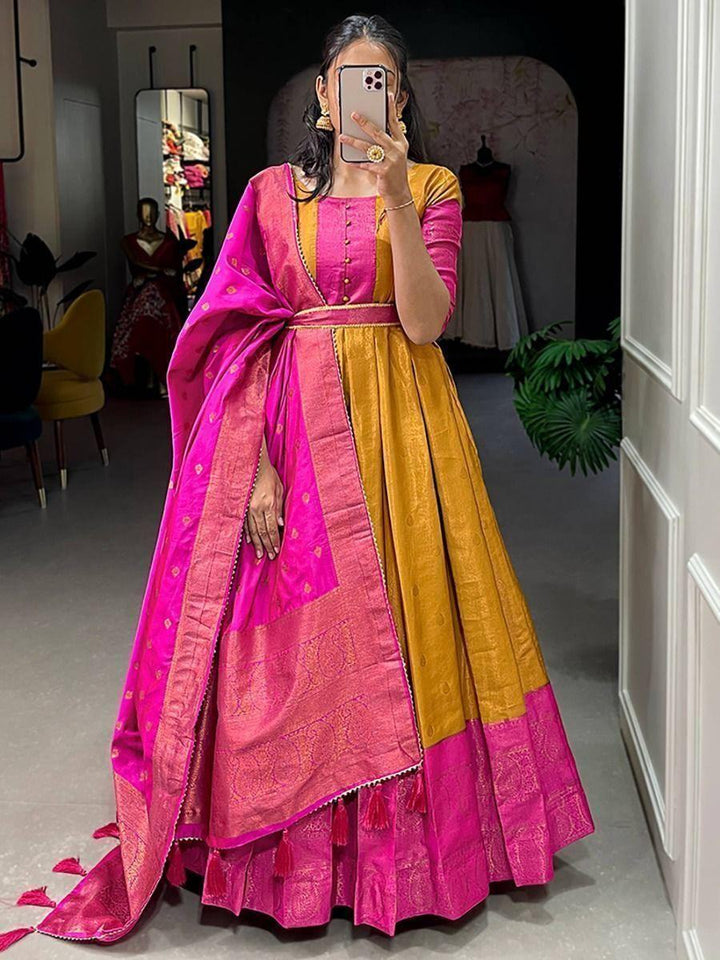 Amazing Mustard Zari Weaving Silk Wedding Wear Gown With Dupatta