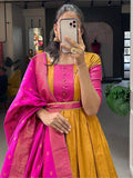 Amazing Mustard Zari Weaving Silk Wedding Wear Gown With Dupatta - Zeel Clothing