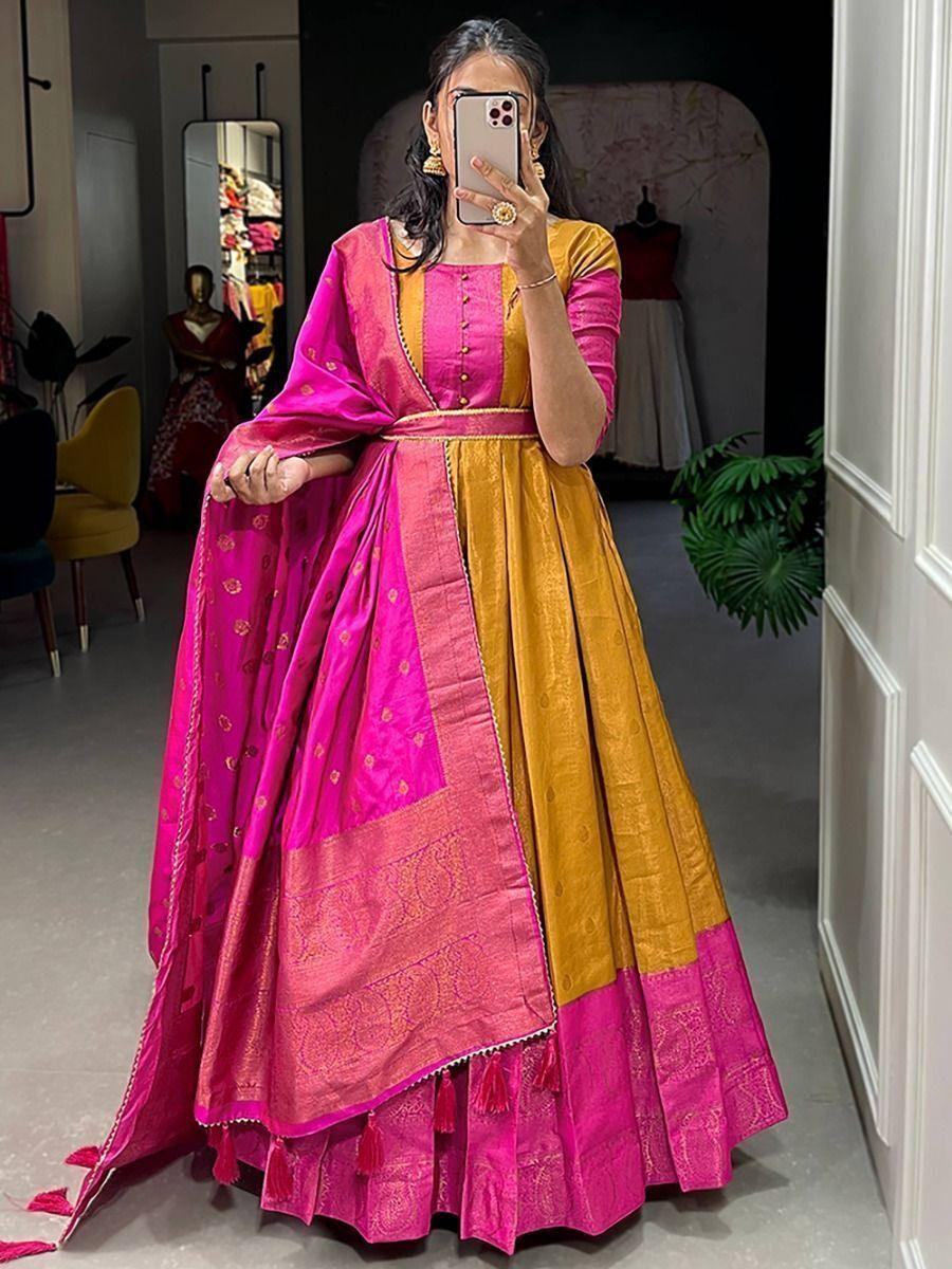 Amazing Mustard Zari Weaving Silk Wedding Wear Gown With Dupatta