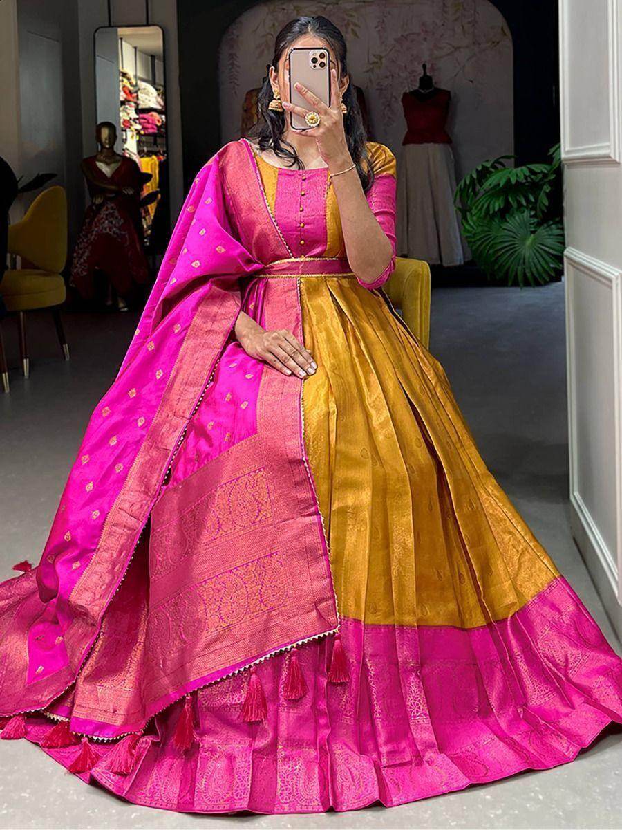 Amazing Mustard Zari Weaving Silk Wedding Wear Gown With Dupatta - Zeel Clothing