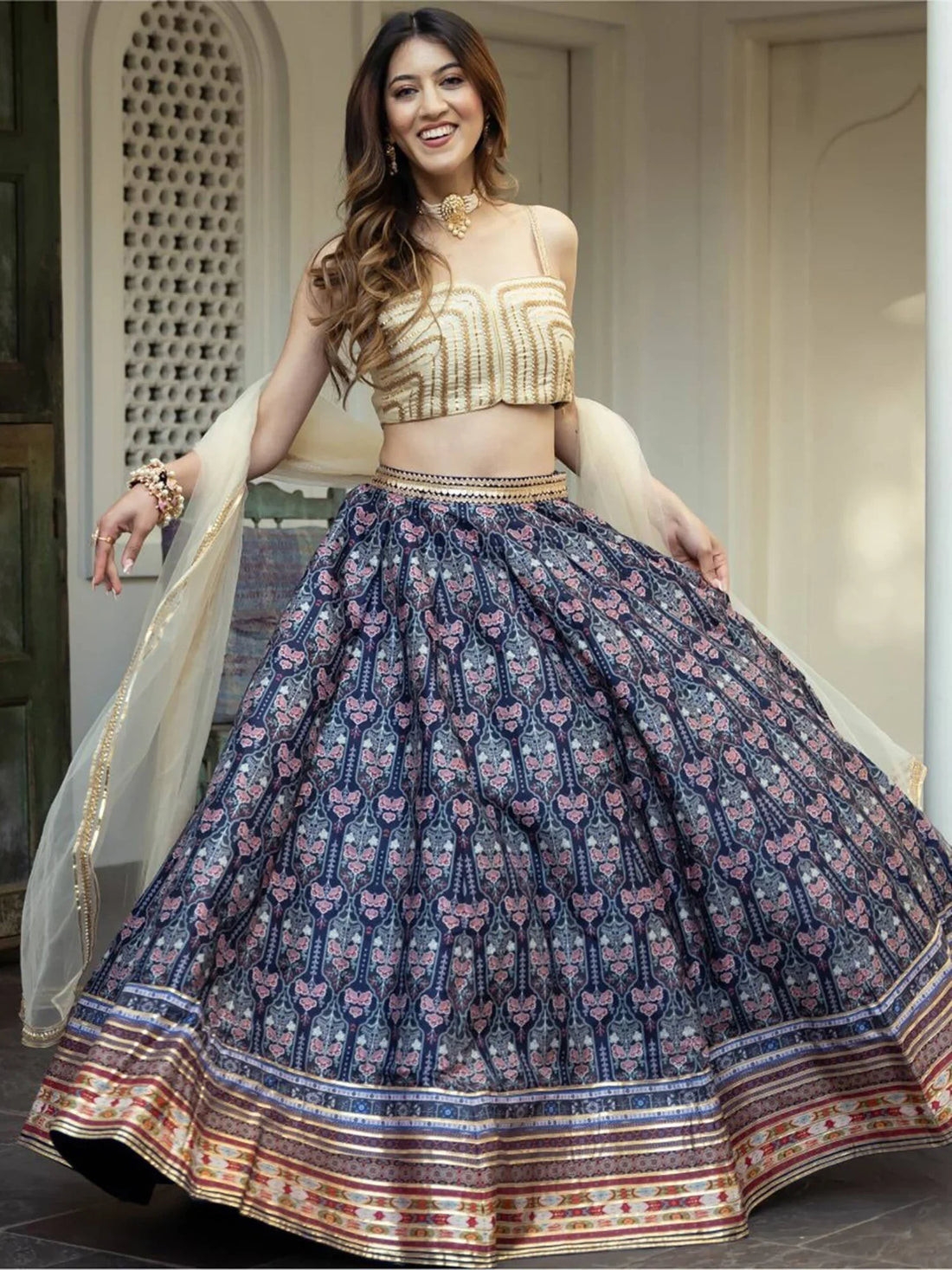 Amazing Navy Blue Digital Printed Art Silk Sangeet Wear Lehenga Choli - Zeel Clothing