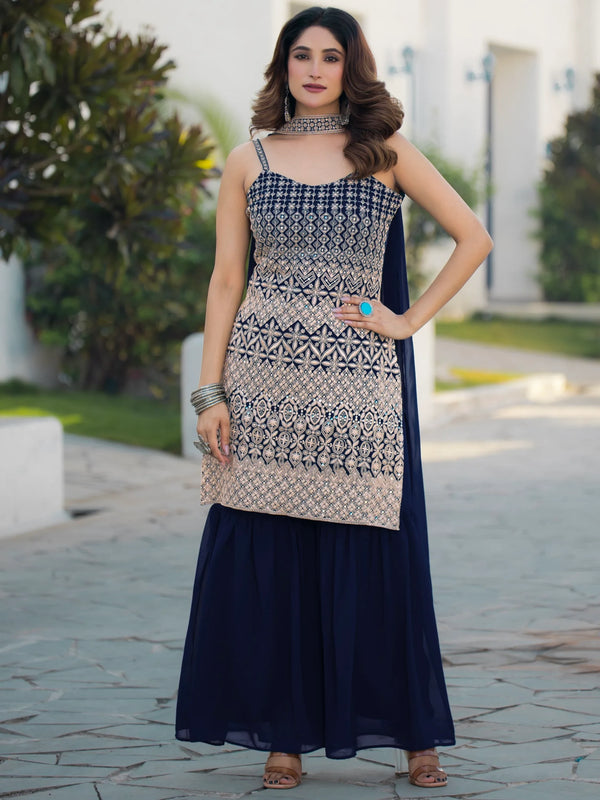 Amazing Navy Blue Embroidered Georgette Event Wear Sharara Suit - Zeel Clothing