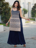 Amazing Navy Blue Embroidered Georgette Event Wear Sharara Suit - Zeel Clothing