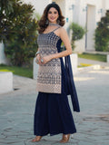 Amazing Navy Blue Embroidered Georgette Event Wear Sharara Suit - Zeel Clothing